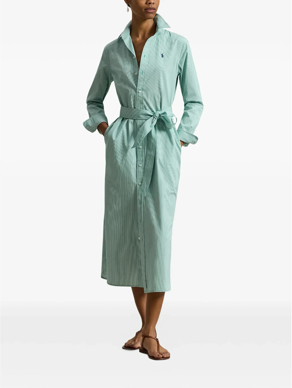 NWT Polo Ralph Lauren Green Striped Cotton Button Up Shirtdress w/ Belt Sz 8 - Picture 2 of 14